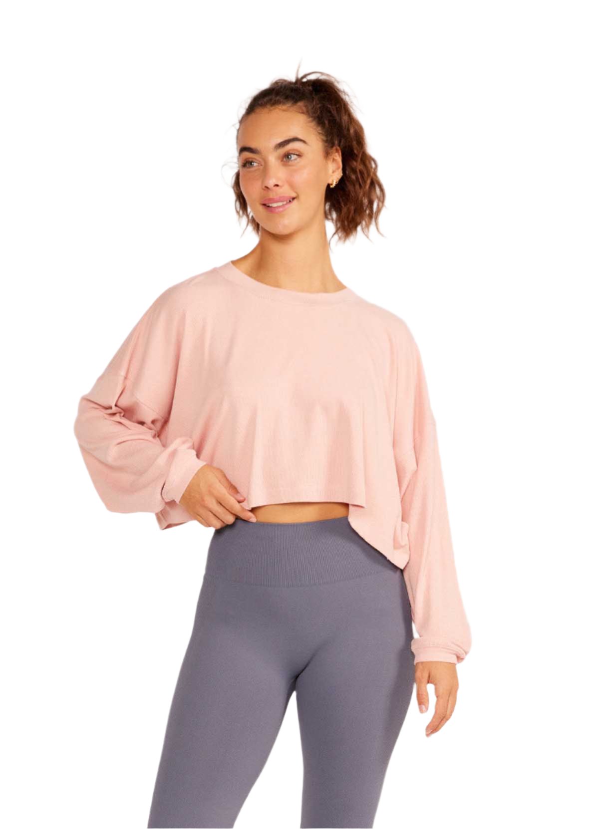 Cream YogaAlexa Oversize Long Sleeve Crop Top - Powder Pink